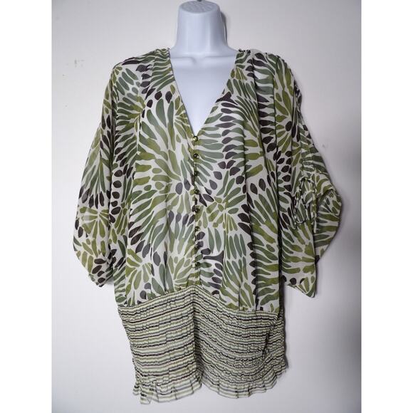 Ashley Stewart Tops - Ashley Stewart 18W Top Blouse Semi Sheer Abstract Smocked Green White Artsy Boho
